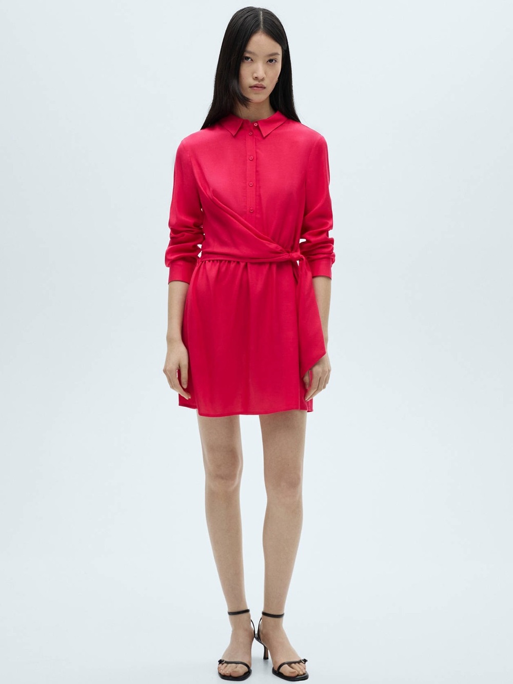 Mango Knot Detail Shirt Dress Pink Button Down Lightweight Linen Blend Size 6